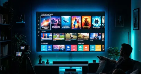 Ilustração de sala com televisão, painel de aplicativos e miniaturas de conteúdo.