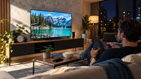 Pessoa no sofá com controle remoto diante de televisão com montanhas; tablet no colo.