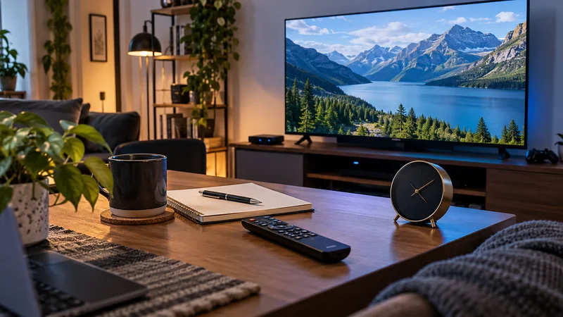 Televisão com lago e montanhas, com controle remoto, caderno e relógio sobre mesa de madeira.