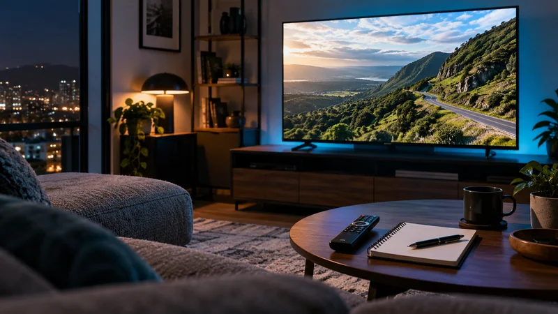 Televisão com colinas verdes, controle remoto e caderno sobre mesa de centro.