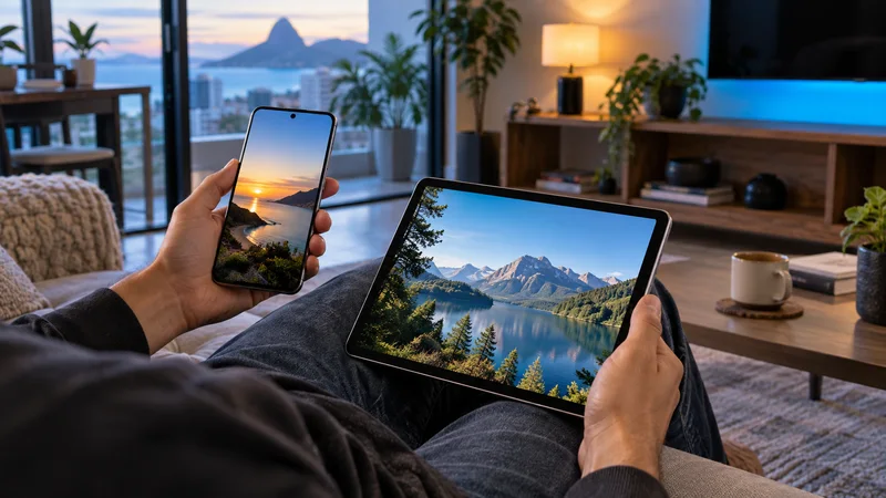 Pessoa no sofá segurando celular e tablet com paisagens naturais, com televisão ao fundo.