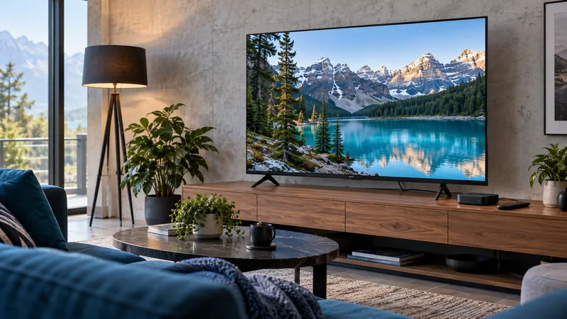 Televisão com lago entre montanhas, com aparelho de reprodução e controle remoto sobre o móvel à direita.