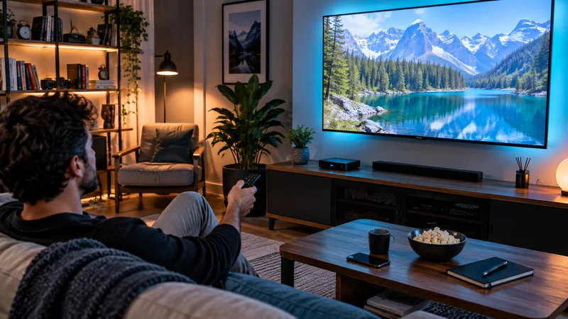 Pessoa com controle remoto diante de televisão com paisagem de montanhas e lago.